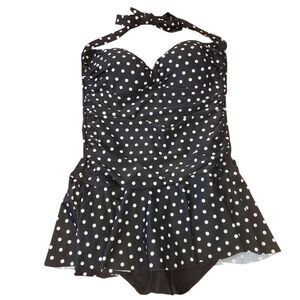 ROSE MARIE REID Swimsuit One-Piece Retro Halter Polka Dot Shirred Skirt Sz M